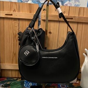 French Connection Black Crescent Shoulder Bag with Detachable Coin Pouch